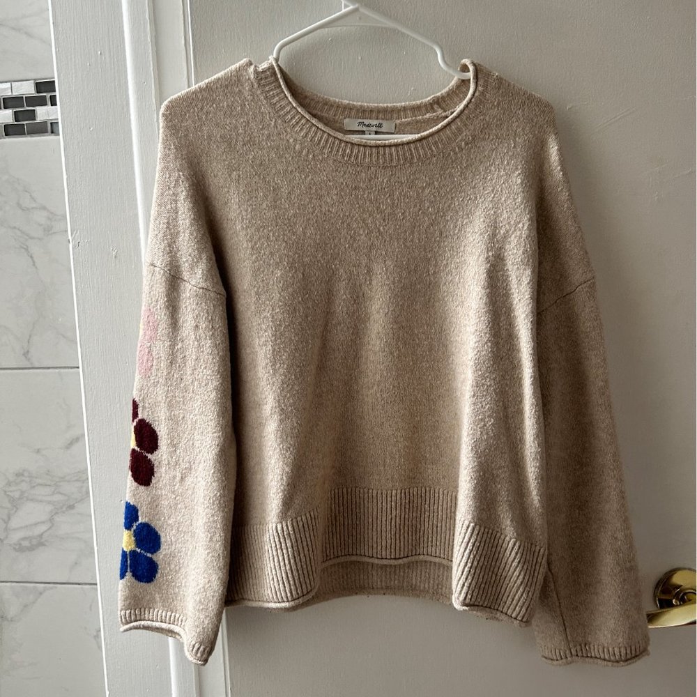 Madewell | Floral Sleeve Knit Sweater | Beige | Size Small